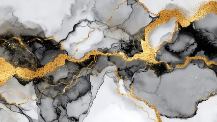 Abstract black gray and gold fluid art