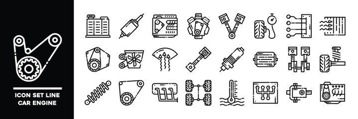 Line Icon Set Depicting Car Engine Components and Mechanics.