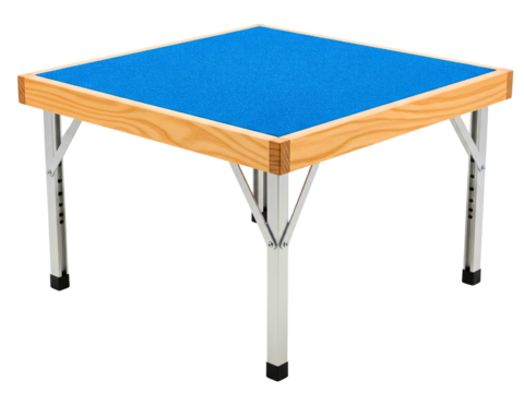 Portable folding card table with blue top and adjustable legs on a transparent background