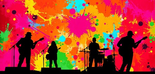 Silhouetted band performing, vibrant abstract color splash backdrop, lights, visual