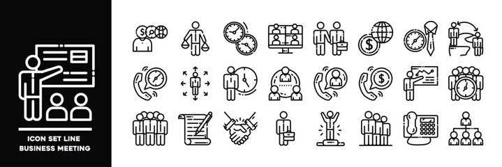 Set of Line Icons Depicting Business Meetings and Office Collaboration.