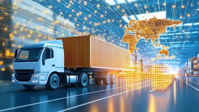 Modern truck container logistics transportation shipping freight delivery cargo digital technology global supply chain innovation fast delivery