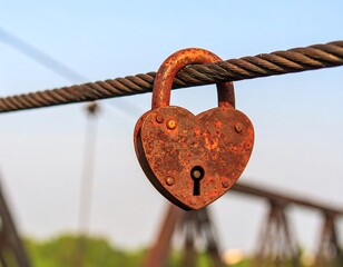 Rusty heart-shaped padlock on a wire