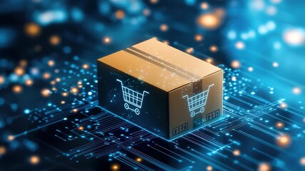 Ecommerce package box with shopping cart icon digital circuit background, glowing lights, online shopping, futuristic technology, fast delivery - Powered by Adobe