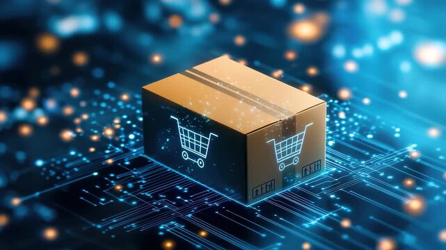 Ecommerce package box with shopping cart icon digital circuit background, glowing lights, online shopping, futuristic technology, fast delivery