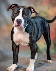 Black and white dog, standing alert, in studio
