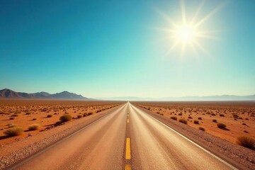Fototapeta premium Dusty highway stretching to the horizon under a vast, blue sky, sun-drenched desert landscape visible in the distance Perfect for travel, adventure, and wanderlust themes , America, arid, summer