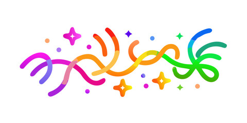 Colorful abstract confetti and streamers decoration on black background with stars and dots