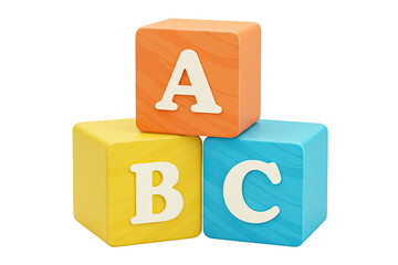 Three colorful wooden alphabet blocks stacked together spelling abc isolated on transparent background