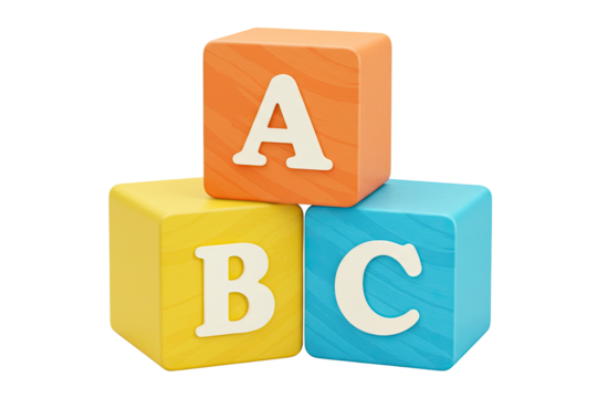 Three colorful wooden alphabet blocks stacked together spelling abc isolated on transparent background
