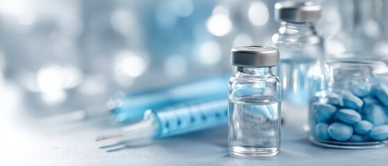 Syringe, pills, and vials arranged on a medical tray, preparing for an injection dose in a healthcare setting focused on patient treatment