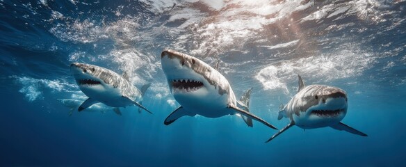 Fototapeta premium The Great White Sharks Swimming Near Ocean Surface with Dramatic Open Jaws
