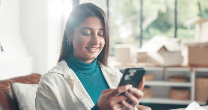Moving in, woman or typing with phone in new house for decor inspo, chat or online shopping. Relocation, tenant or happy with email for lease agreement, property transfer contract or renovation app