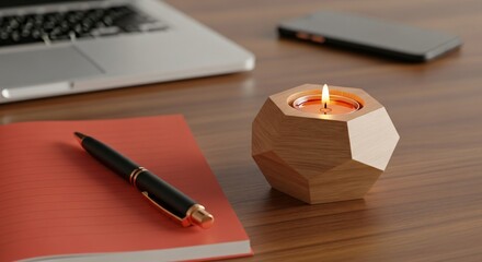 Cozy Desk Setup with Laptop, Notebook, Pen, and Lit Candle