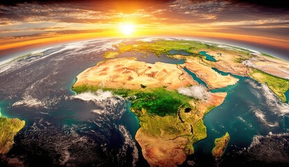 Earth centered view, sunrise over Africa and the Middle East