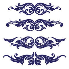 Fototapeta premium Elegant decorative floral swirl designs in navy blue perfect for classic design elements