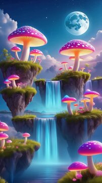 Magische Fantasiewelt mit Riesigen Pilzen, Wasserfall und Fliegenden Inseln &ndash; Traumhafte Landschaft Animation