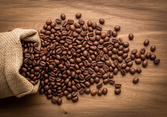 Aromatic roasted coffee beans spilling from a burlap sack onto a rustic wooden background, top view