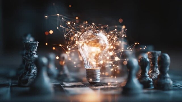 A glowing lightbulb stands amidst a chessboard, signifying innovative solutions.