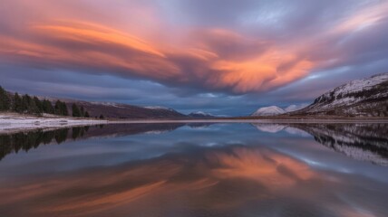 Obraz premium Majestic Sunset Sky Reflecting Over Calm Mountain Lake Water