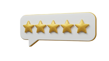 Five golden stars displayed on a white speech bubble isolated on transparent background