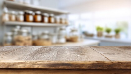 Empty wooden table set against a softly blurred kitchen background, providing an ideal space for product placement and creative displays