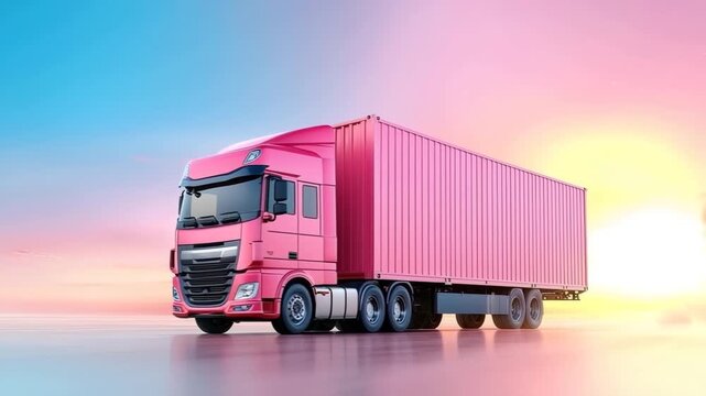 Pink Truck Container Transportation Logistics Freight Delivery Road Vehicle Sunset Sky, Modern Colorful Cargo Shipping, Vibrant Commercial Truck Road