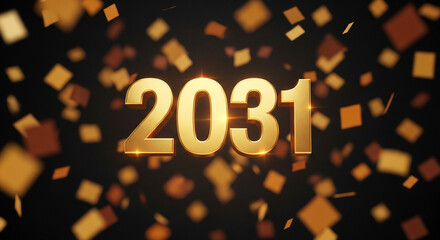 Celebrate the future with stunning golden 2031 numerals raining confetti for your next event