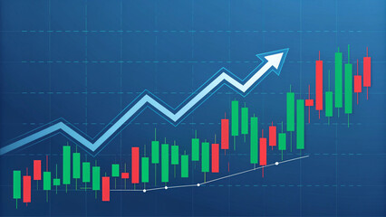 Investment and Business Success on a Blue Background with a Candlestick Chart