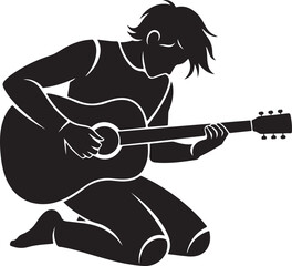 Fototapeta premium Vector art of silhouette of a person kneeling and playing an acoustic guitar