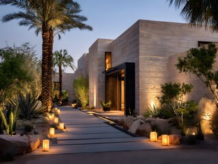 Fototapeta premium Modern Sandstone House with Lanterns and Palm Trees at Dusk