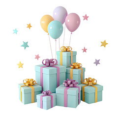 Pastel gift boxes and balloons isolated on a transparent background