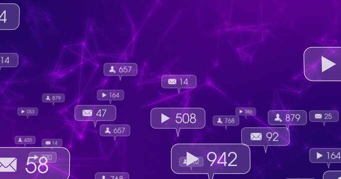 Hovering central play-button bubble in purple network, envelope, follower, view icons and counters