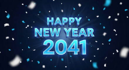 Celebrate the future with a vibrant Happy New Year 2041 announcement featuring dazzling confetti and bright lights