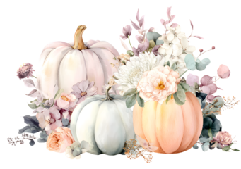 Watercolor floral pumpkin illustration, fall bouquet . Pastel pumpkins and floer arrangements in rustic tyle.