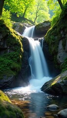 Serene springtime waterfall cascading over mossy rocks, sunlight dappling the lush green foliage Perfect for nature, travel, and environmental themes , ecosystem, picturesque, nature