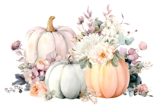 Watercolor floral pumpkin illustration, fall bouquet . Pastel pumpkins and floer arrangements in rustic tyle.