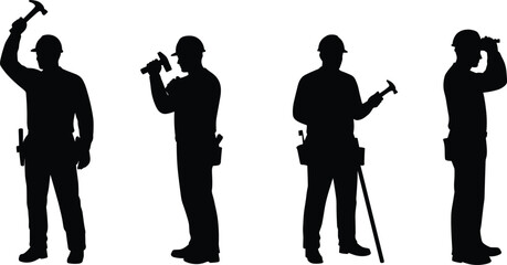 Silhouette vector illustration of construction workers with tools, builders holding hammers, industrial labor, building profession, repair job, engineering work design