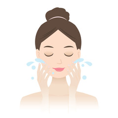 Cute cartoon woman washing face with water vector illustration. Skincare lifestyle, beauty routine and self care concept for healthy skin, personal hygiene and dermatology health care design.
