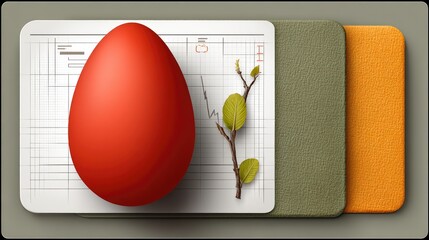 Red egg on graph paper, beside sprigs, with layered backgrounds