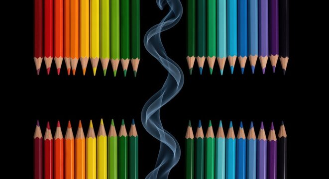 Artistic array of colorful pencils with swirling smoke