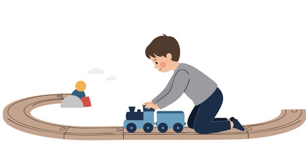 a boy kneeling, wearing a grey long-sleeved shirt and dark blue jogger pants, pushing a blue wooden train engine along a curved track, in the style of a Scandinavian toy-inspired  © Bastomi
