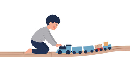 a boy kneeling, wearing a grey long-sleeved shirt and dark blue jogger pants, pushing a blue wooden train engine along a curved track, in the style of a Scandinavian toy-inspired  © Bastomi