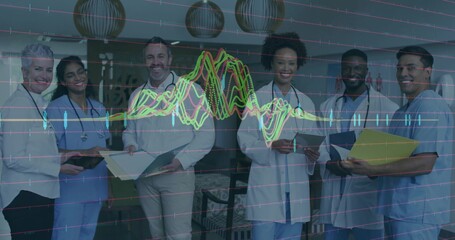 Standing team wearing scrubs labcoats in lounge holding stethoscopes with waveform data overlay
