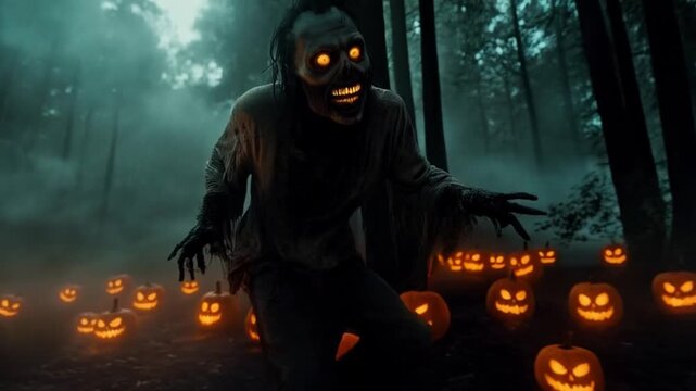 A spooky zombie with glowing eyes stands among illuminated jack o lanterns in a dark forest scene halloween zombie video