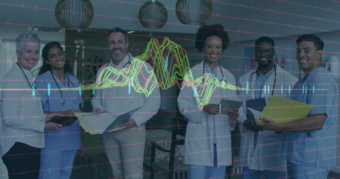 Standing team wearing scrubs labcoats in lounge holding stethoscopes with waveform data overlay