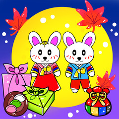 추석 보름달과 한복입은 토끼 일러스트