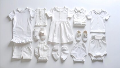 Elegant flat lay arrangement of pristine white baby and toddler clothing items