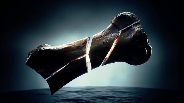 Closeup of Fossilized Dinosaur Bone Resting on Dark Surface with Dramatic Lighting