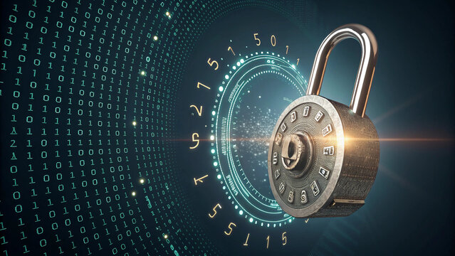 Digital security padlock with binary code and glowing data stream